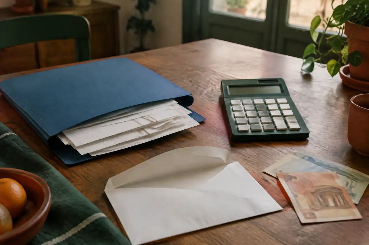 Carpeta de recibos, calculadora y sobre con billetes en una mesa