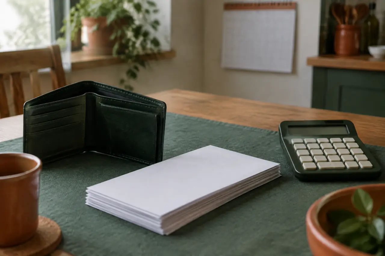 Cartera vacía, facturas y calculadora sobre una mesa de cocina