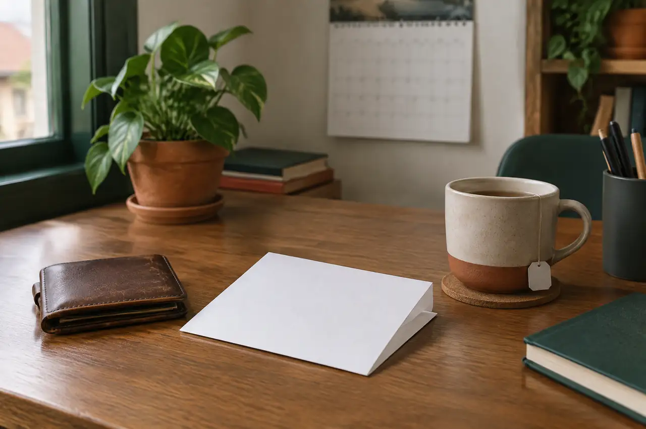 Cartera, documento y calendario sobre una mesa de casa