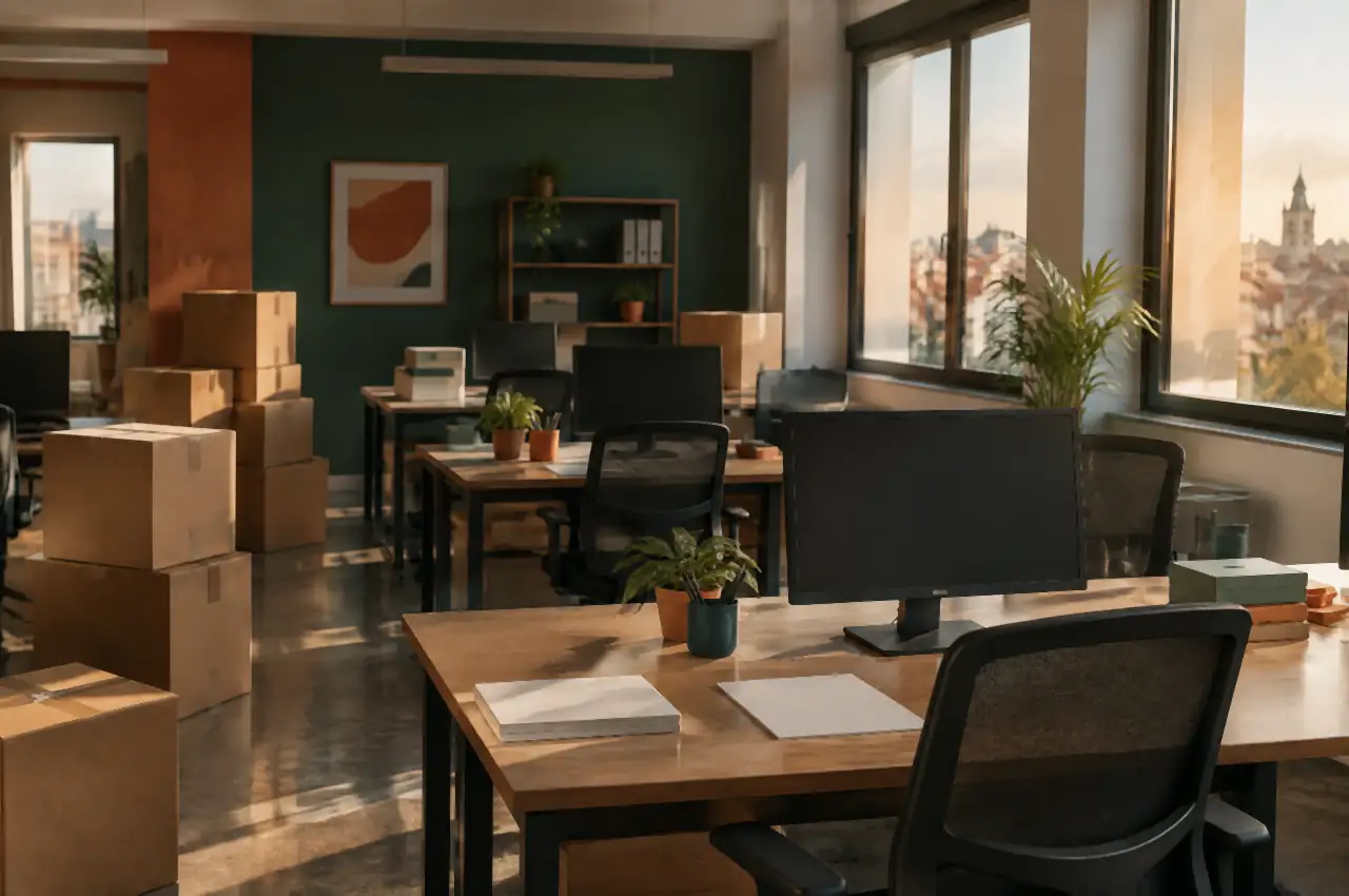Oficina vacía con cajas apiladas y pantallas apagadas